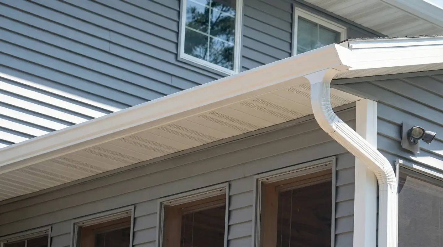 Professional home remodeling project showing newly installed white seamless gutters and downspouts on a house with gray siding in Columbus, OH