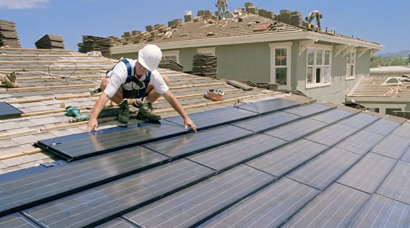 Roof replacement expert installing modern solar shingles on a residential home in Columbus, OH