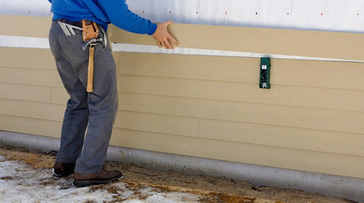 Siding replacement expert carefully aligning a new tan siding panel onto a residential exterior wall in Columbus, OH