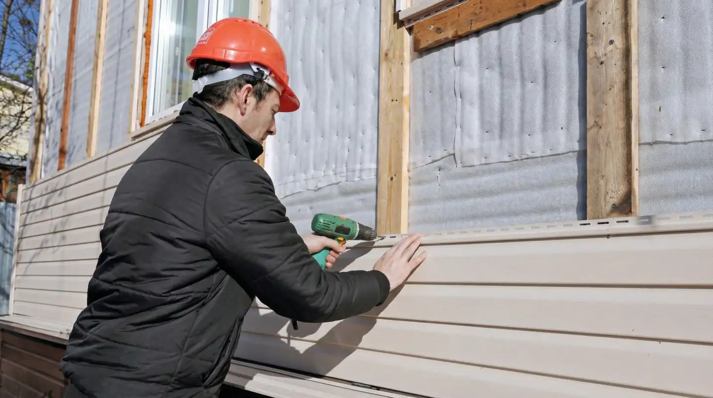 Siding replacement professional using a power drill to install new tan vinyl siding on a home exterior in Columbus, OH