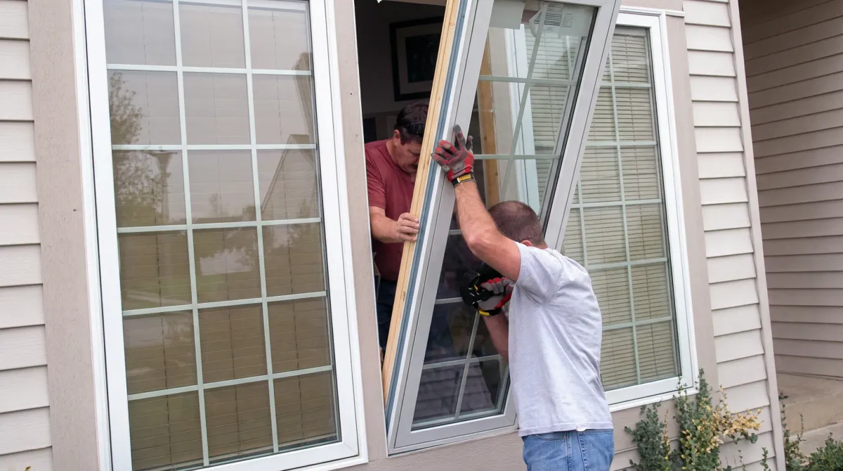 Professional home remodeling team installing a large replacement window on a house with tan siding in Columbus, OH