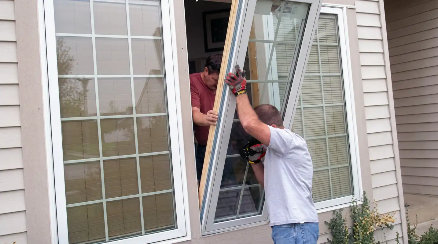 Professional home remodeling team installing a large replacement window on a house with tan siding in Columbus, OH